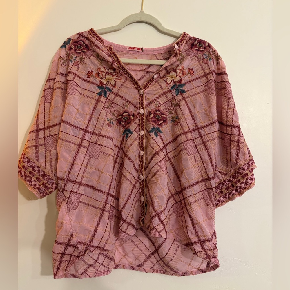 Johnny Was Roylane Blouse Large- embroidered pink plaid floral button up